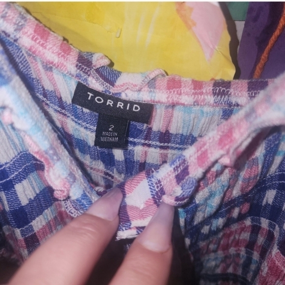 Nwot Torrid 2 Peplum Smocked Bodice Cami - Crinkle Gauze Plaid White - Picture 5 of 5